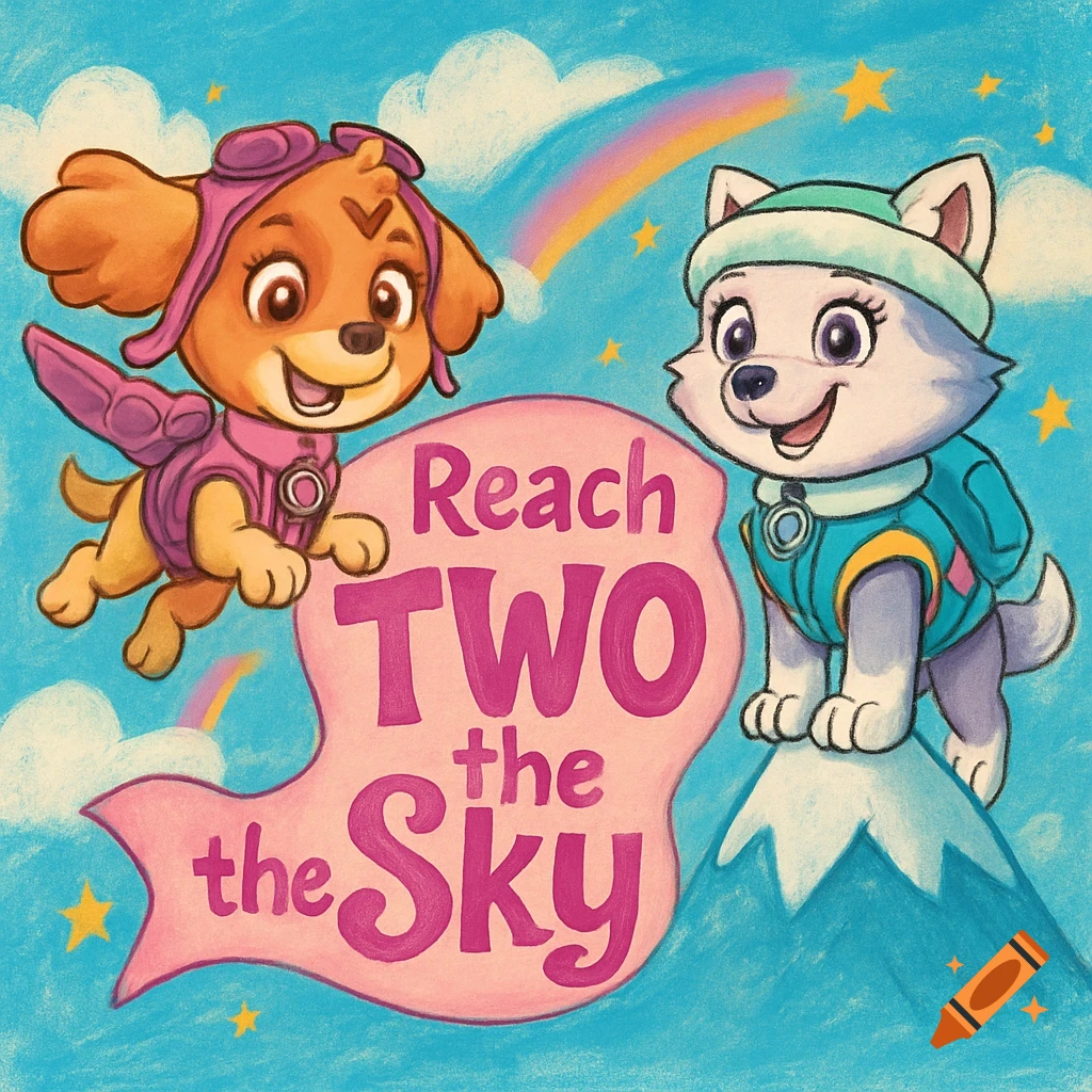 Cartoon illustration of Paw Patrol's Sky flying and Everest on a mountain, flanking a pink banner with 'Reach TWO the Sky' text.