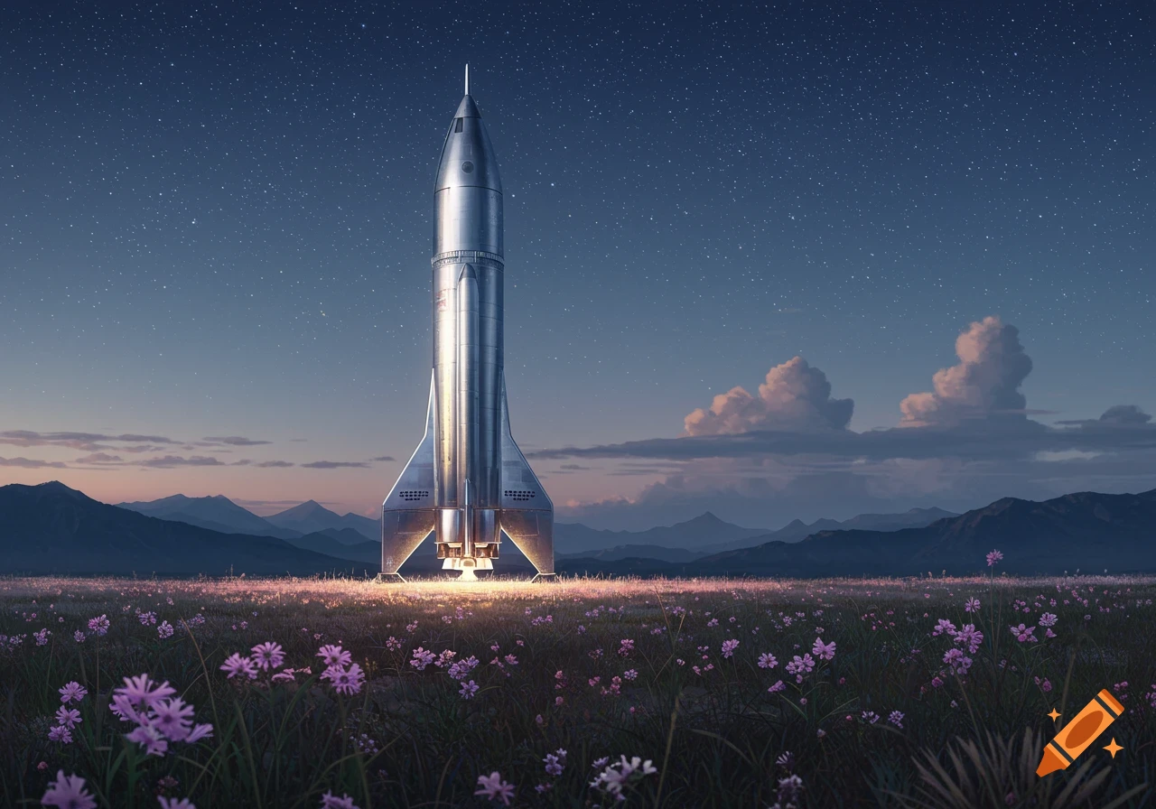 A metallic rocket stands in a field of purple flowers under a starry night sky with mountains in the distance.