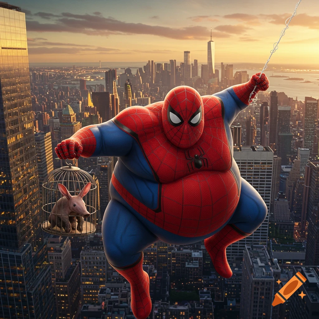 A very fat Spider-Man swings over a photorealistic New York City skyline at sunset, holding a cage with an aardvark inside.