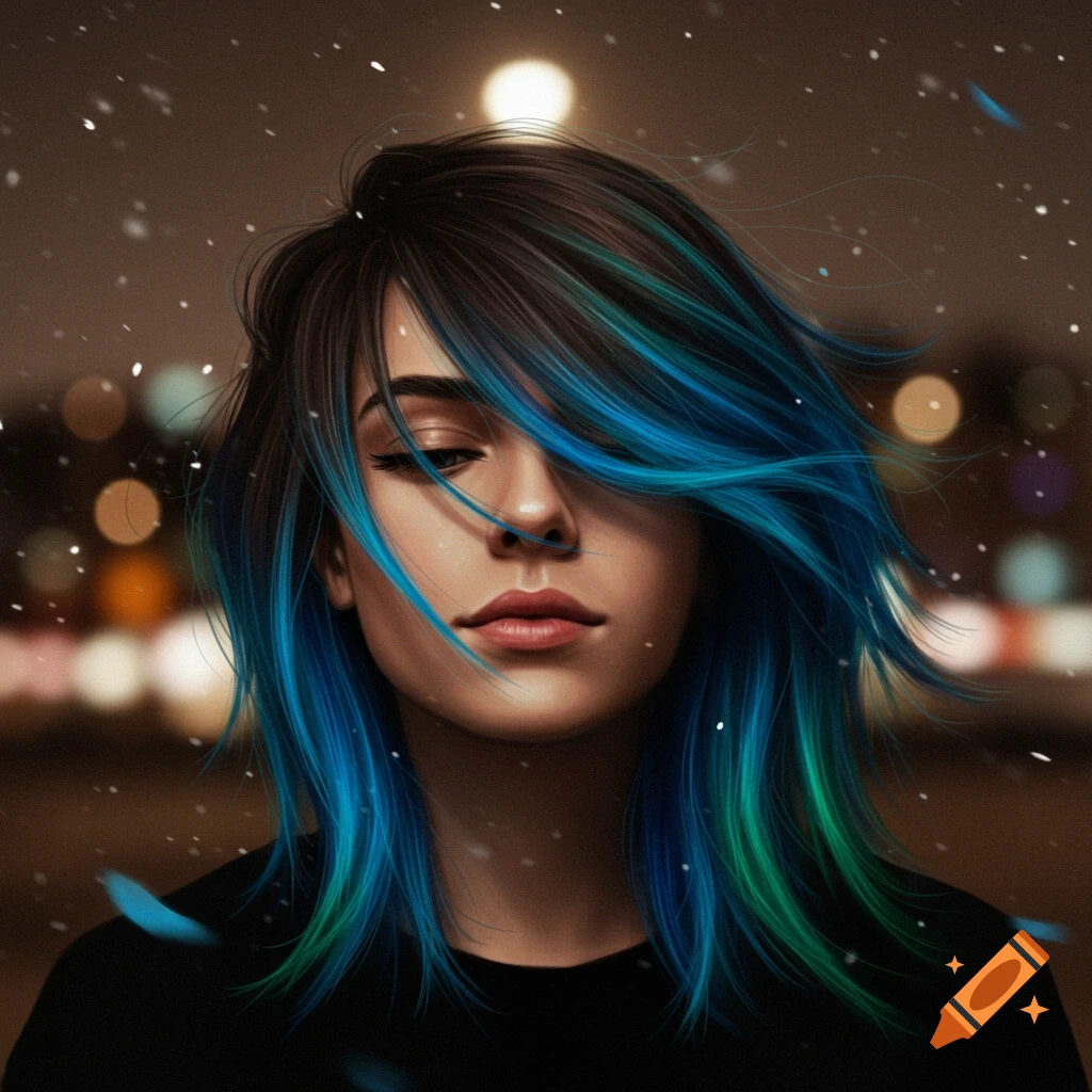 Digital art portrait of a woman with dark brown hair streaked with vibrant blue and green, looking down against a blurred city night background with falling snow.