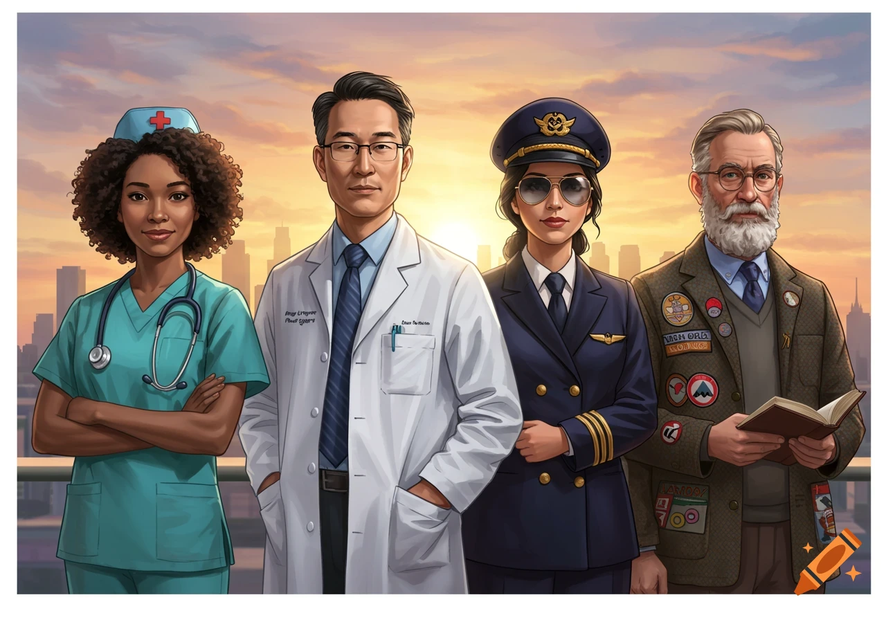 An illustration of a diverse group of professionals: a nurse, doctor, pilot, and professor, standing with a cityscape background at sunset.