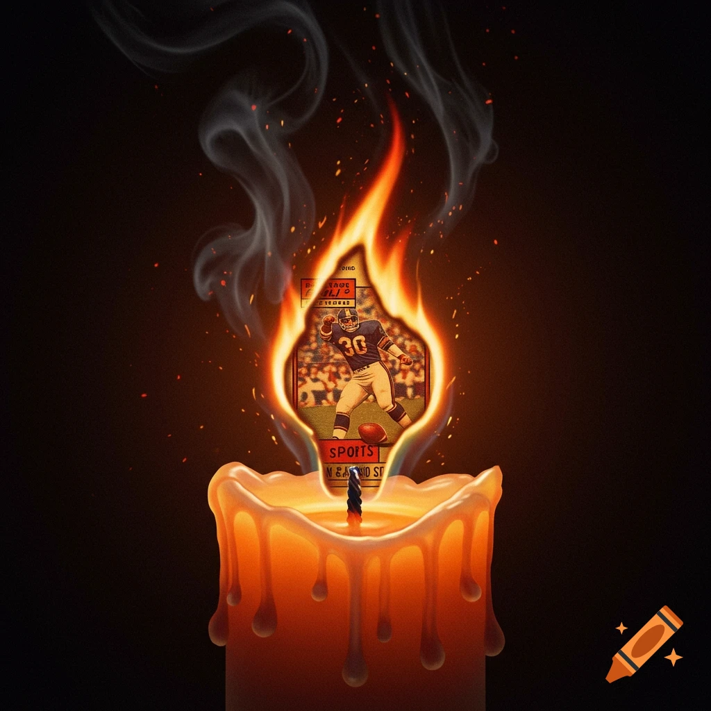 A burning candle with a football trading card in its flame. The card shows a player in uniform with number 30.