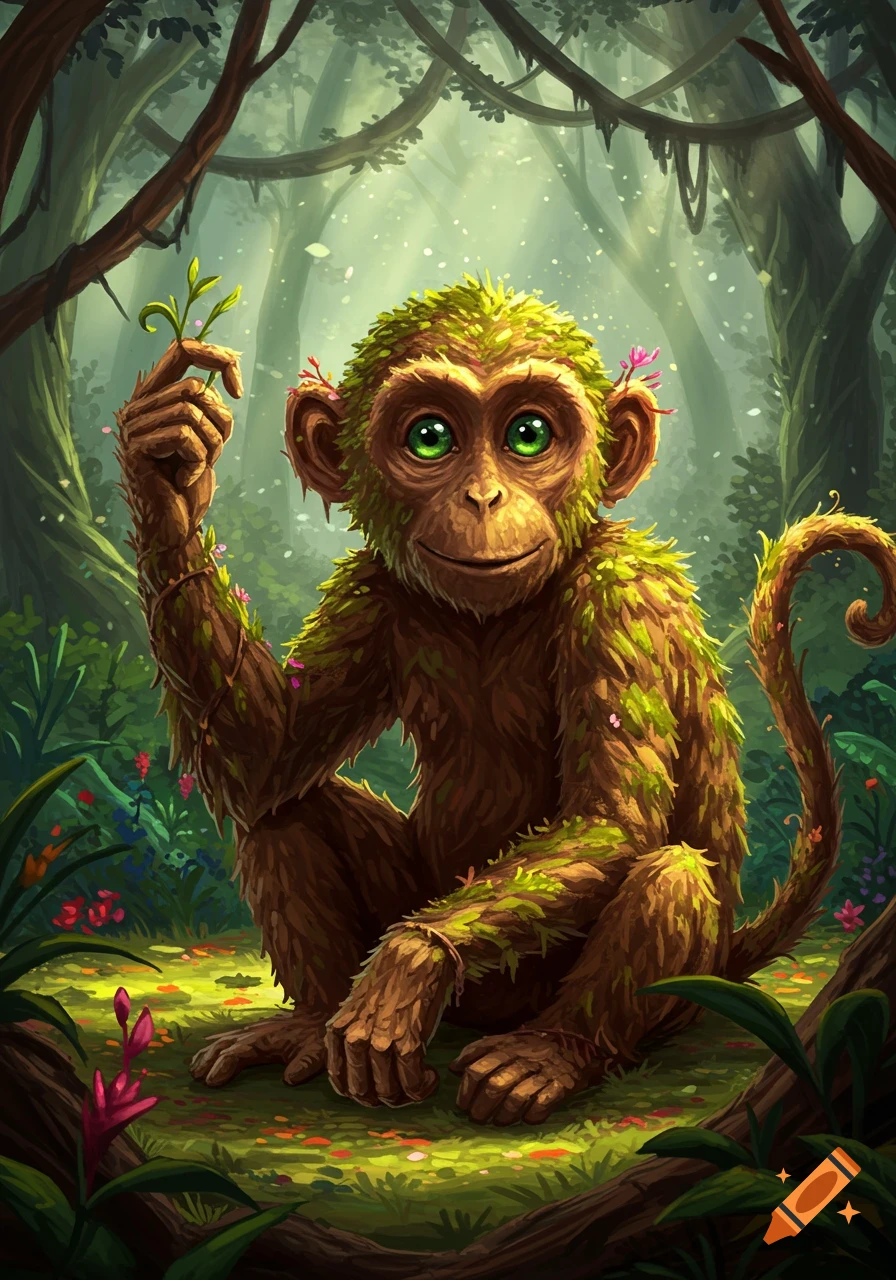 A whimsical, stylized monkey made of moss and leaves with glowing green eyes sits in a lush jungle, holding a small twig.