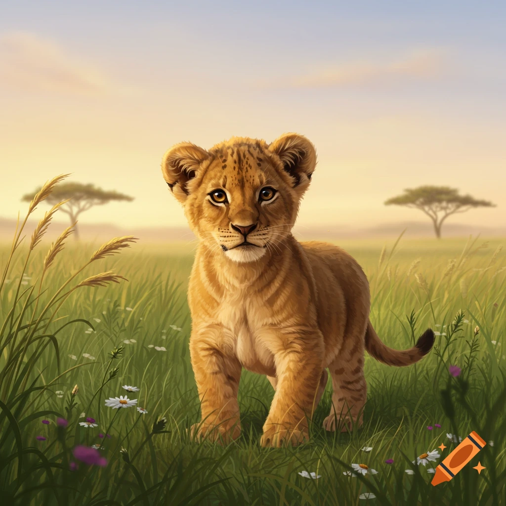 A photorealistic painting of a baby lion cub standing in a grassy savanna field with wildflowers and acacia trees.