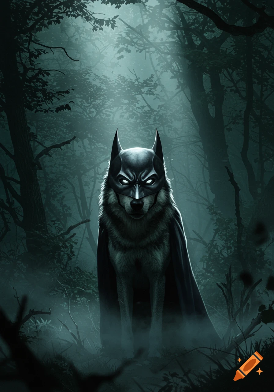 A wolf with a Batman-style mask and cape stands ominously in a dark, misty forest with light filtering through the canopy.