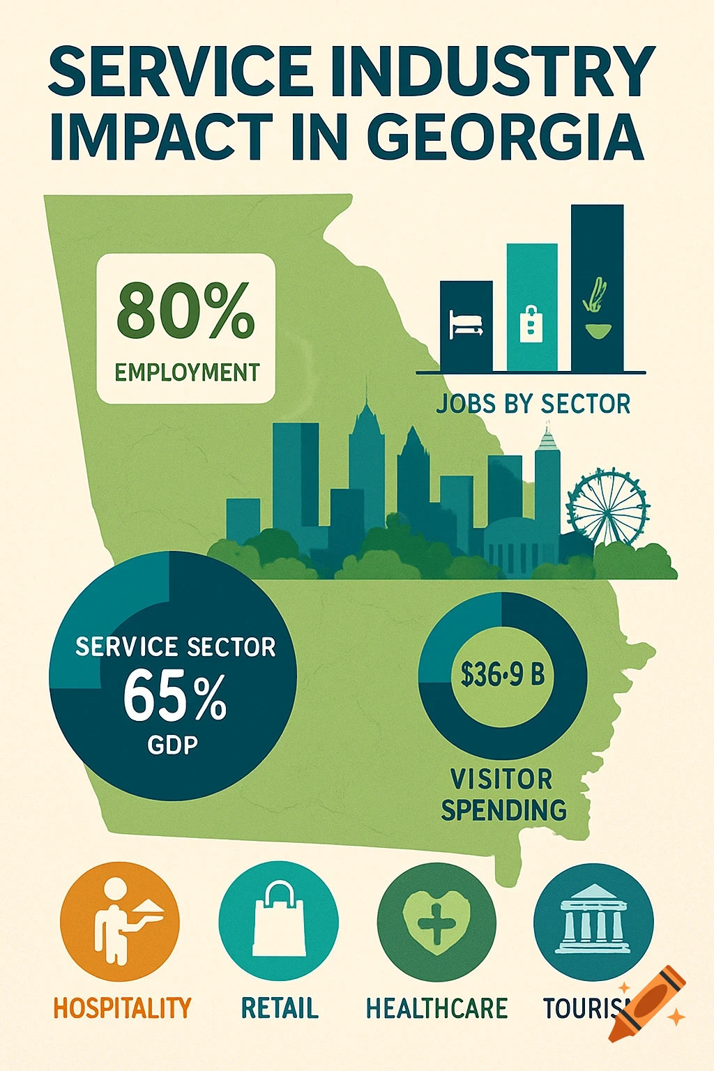 Infographic showing service industry impact in Georgia with data on employment, GDP, visitor spending, and sector breakdowns.