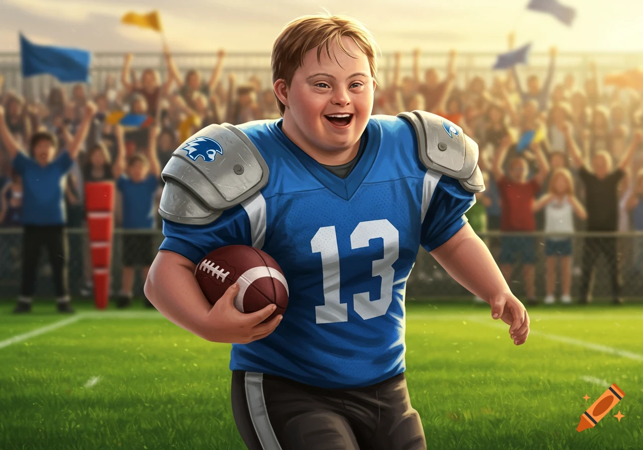 A happy person with Down syndrome in a blue football jersey with number 13, running on a field with a ball. Illustrated.