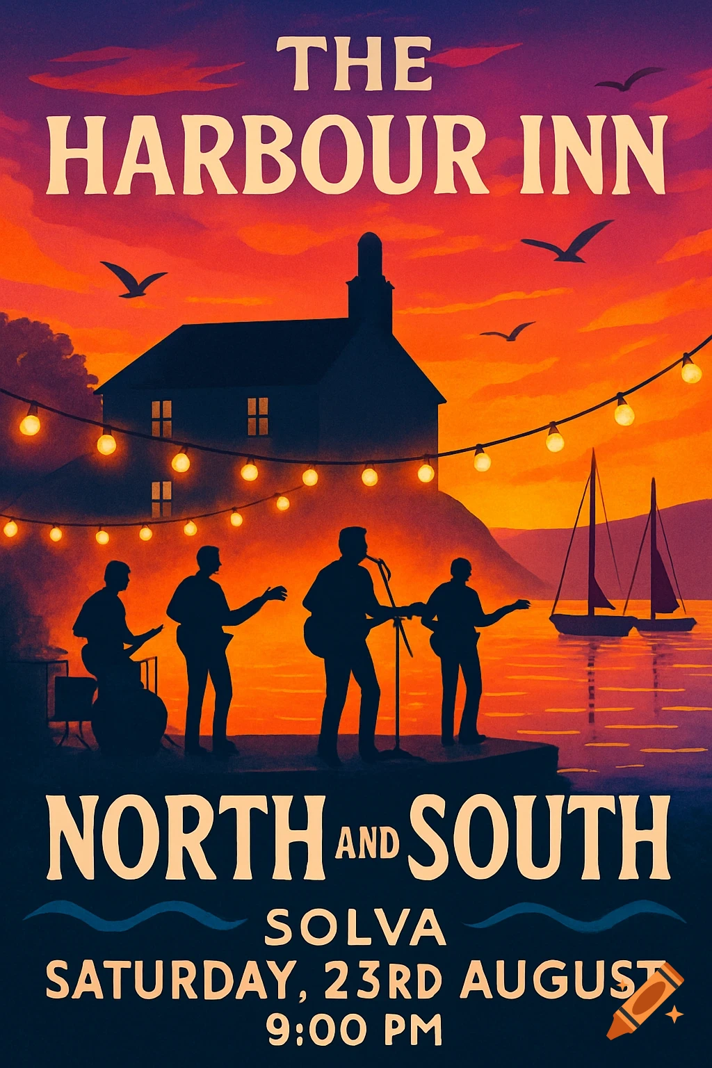A vibrant poster for "The Harbour Inn" featuring the band "North and South" playing by the water at sunset, with string lights and sailboats.