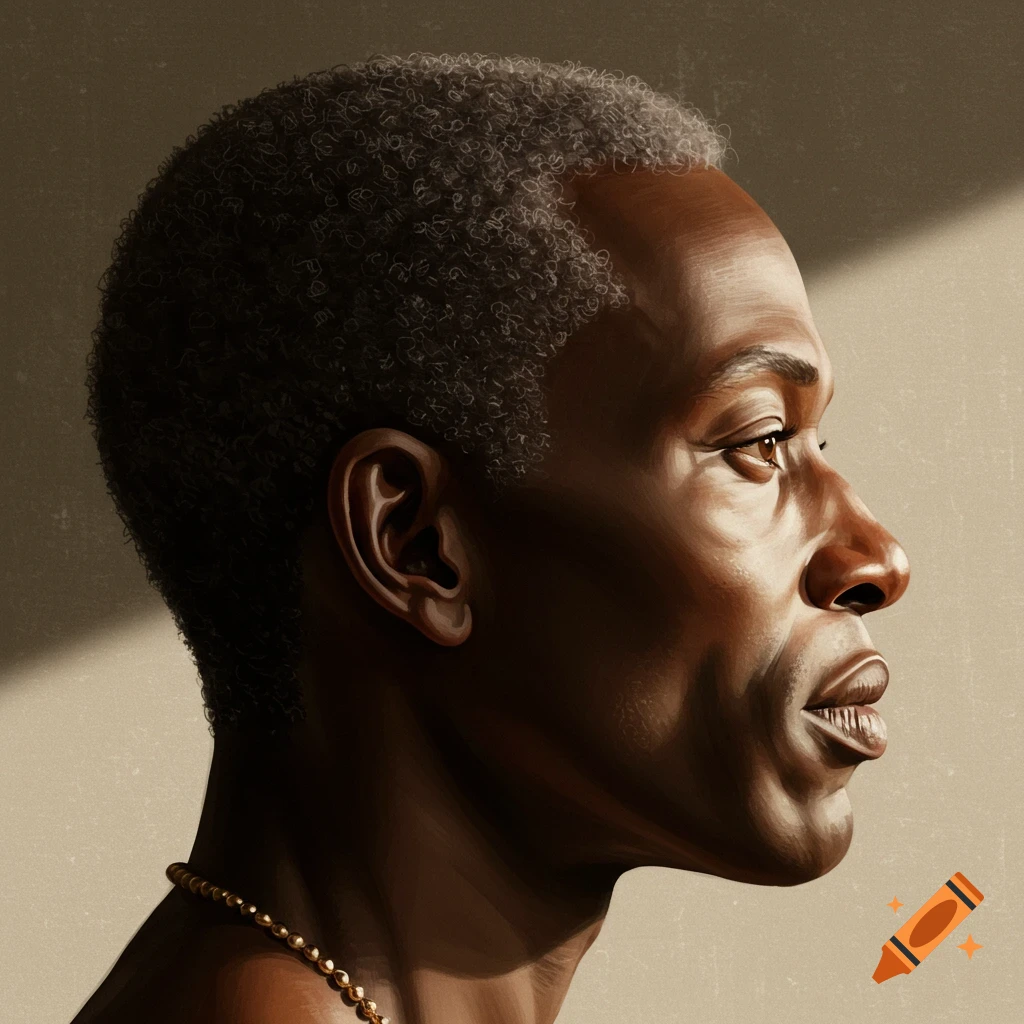 Digital painting of a man with short graying hair in profile, looking right, with strong side lighting on his face.