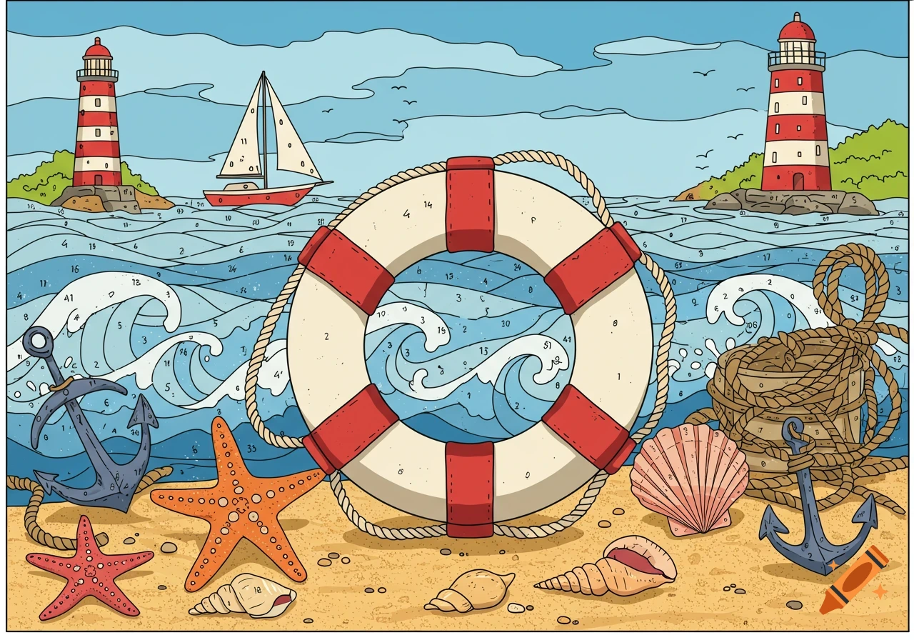 A color-by-number illustration of a vibrant nautical scene with lighthouses, a sailboat, a life preserver, anchors, starfish, and seashells on a sandy beach.