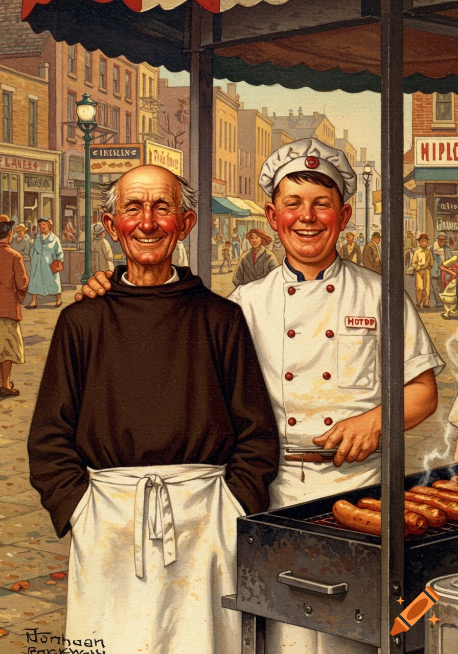 A smiling old man in a brown robe and apron stands next to a smiling young hot dog chef with hot dogs on a grill, in a bustling street scene in the style of Norman Rockwell.