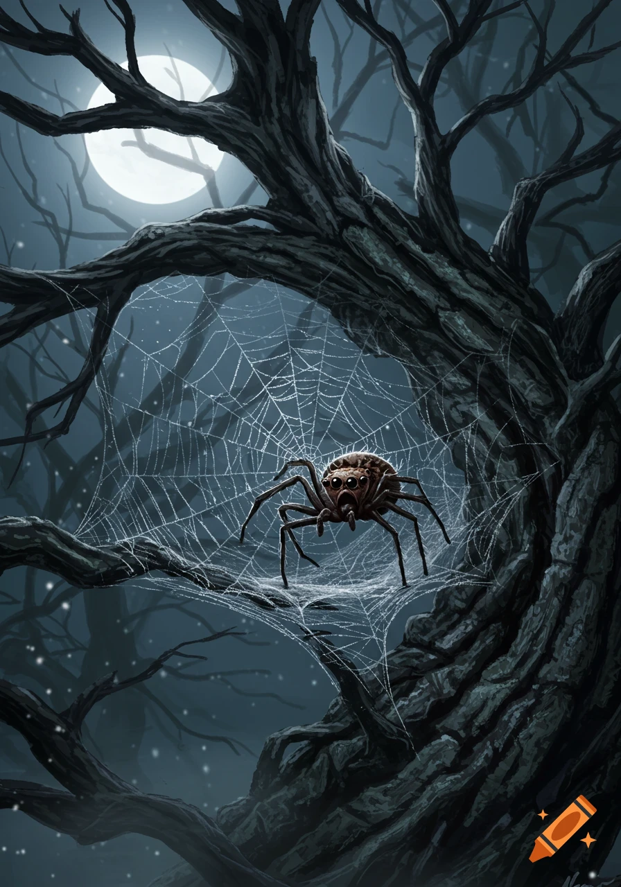 A scared-looking spider sits on its web woven between gnarled, dark tree branches under a bright full moon at night.