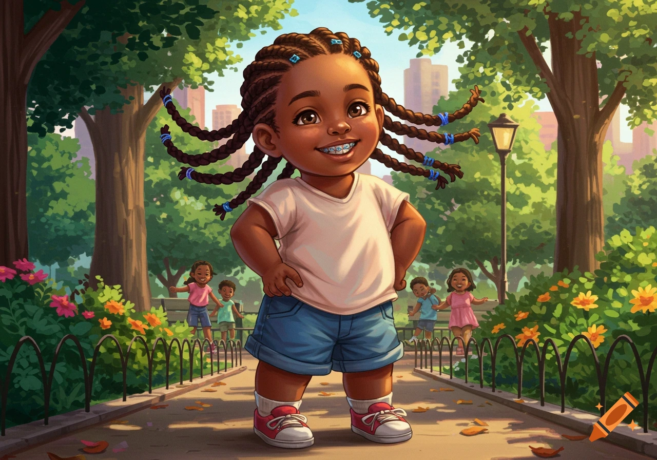 Cartoon illustration of a smiling brown-skinned girl with braids and braces, standing confidently on a park path.