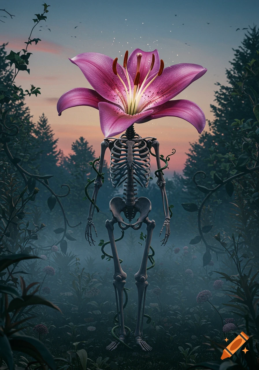 A skeletal figure with a large purple lily flower as its head stands in a misty, overgrown forest at dusk.
