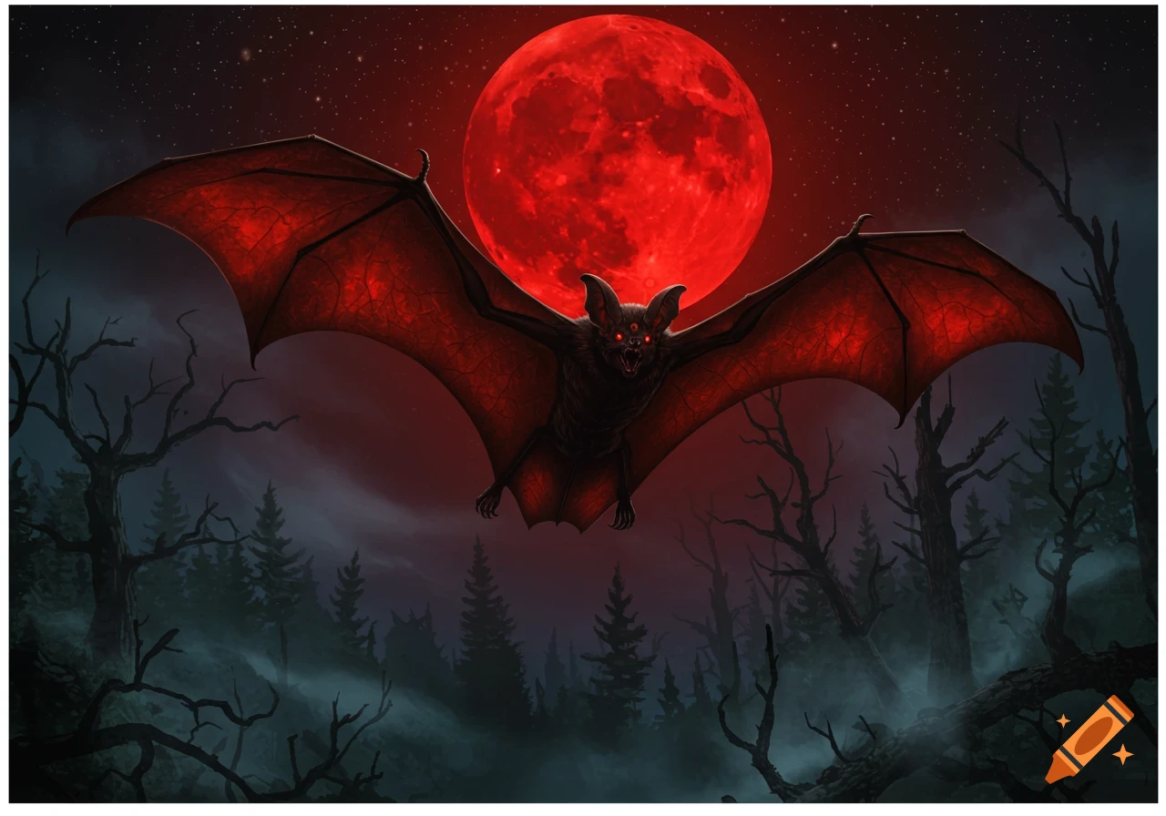 A menacing bat with glowing red eyes and red-veined wings flies against a giant blood-red moon over a dark, misty forest.