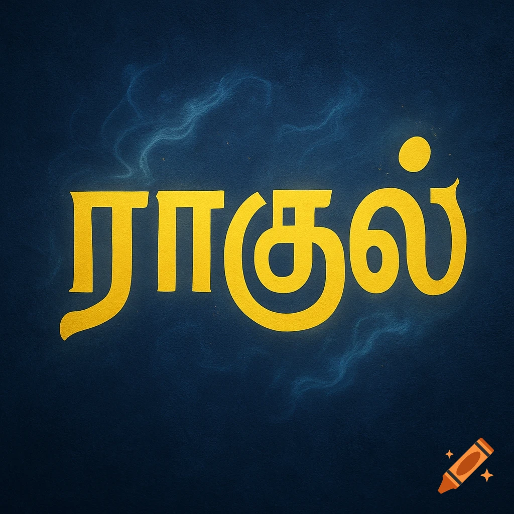 The Tamil word '"ராகுல்"' (Rahul) in bright yellow, with a subtle glow, against a dark blue textured background.