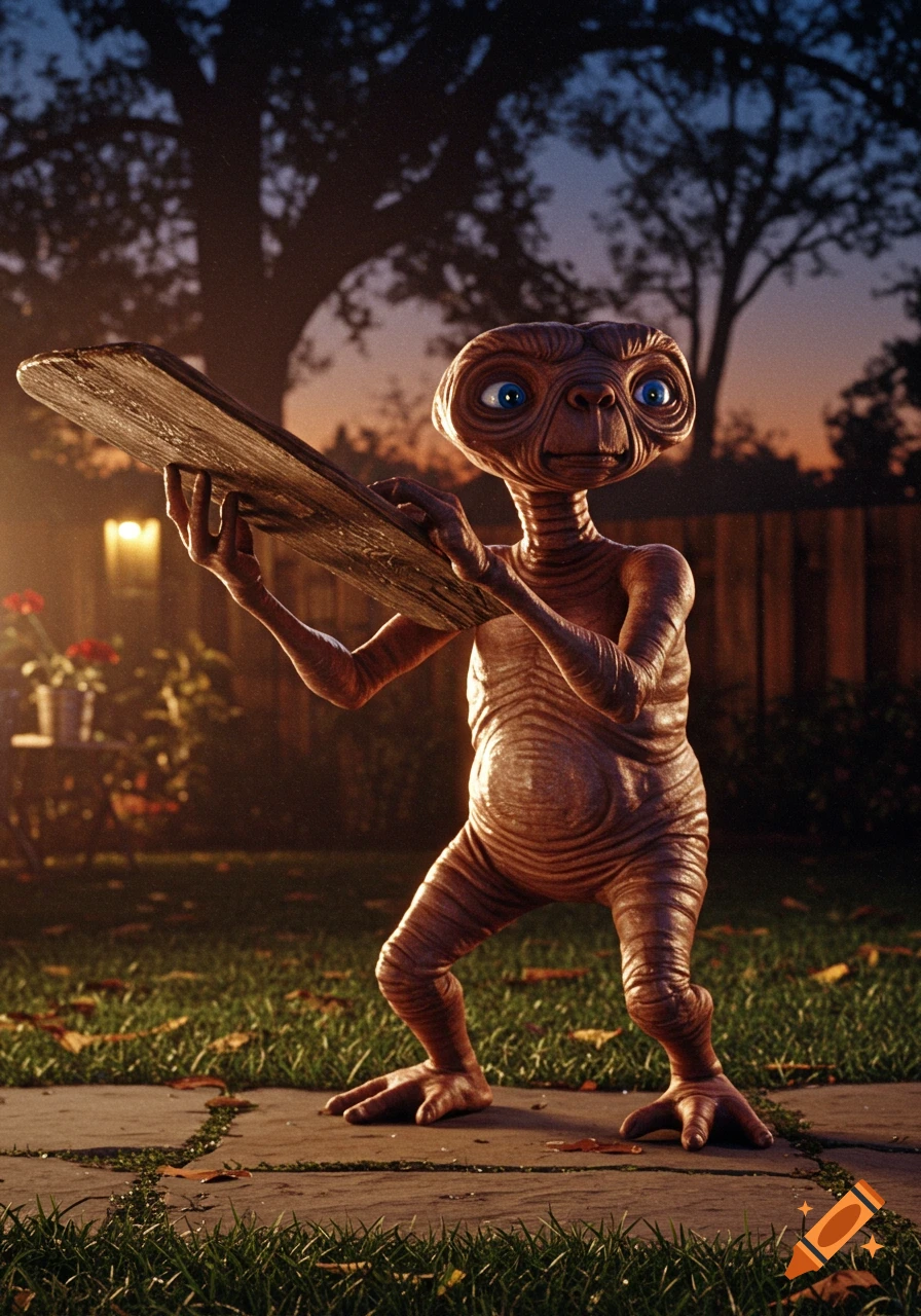 Photorealistic E.T. the Extra-Terrestrial holds a wooden board in a suburban backyard at dusk.