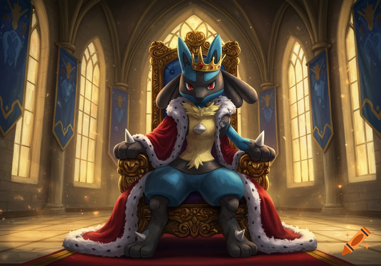 King Lucario in a red and white fur-trimmed robe and golden crown sits on an ornate throne in a grand castle hall.
