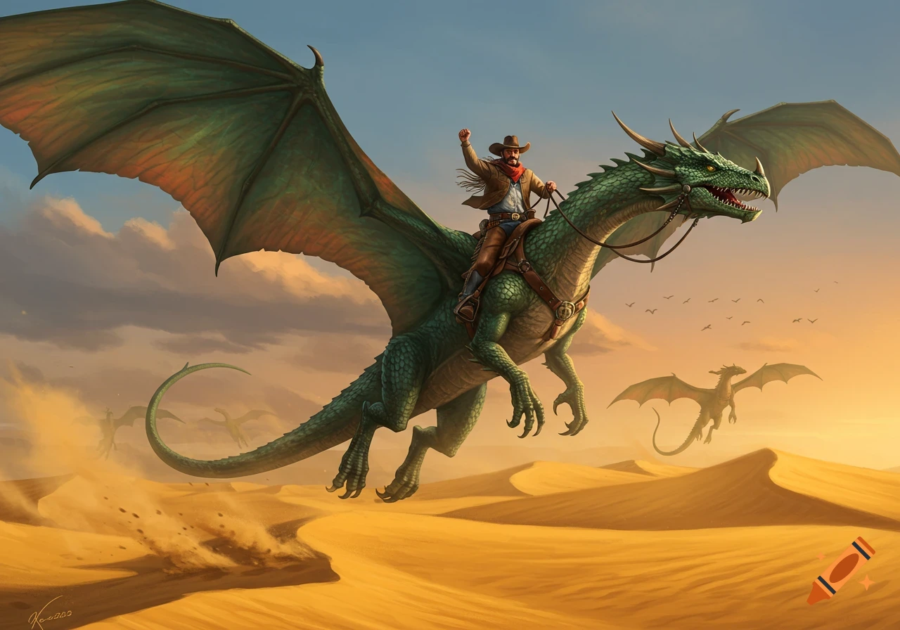 A cowboy rides a large green dragon over a golden desert landscape at sunset, with other dragons flying in the distance.