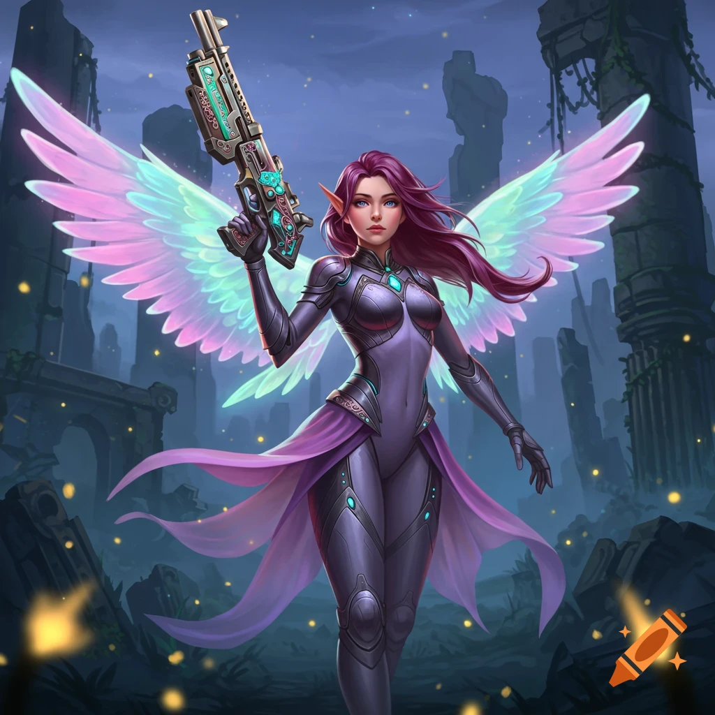 A winged fantasy character with purple hair and pointed ears, wearing a futuristic suit, holding a sci-fi rifle in a ruined city.