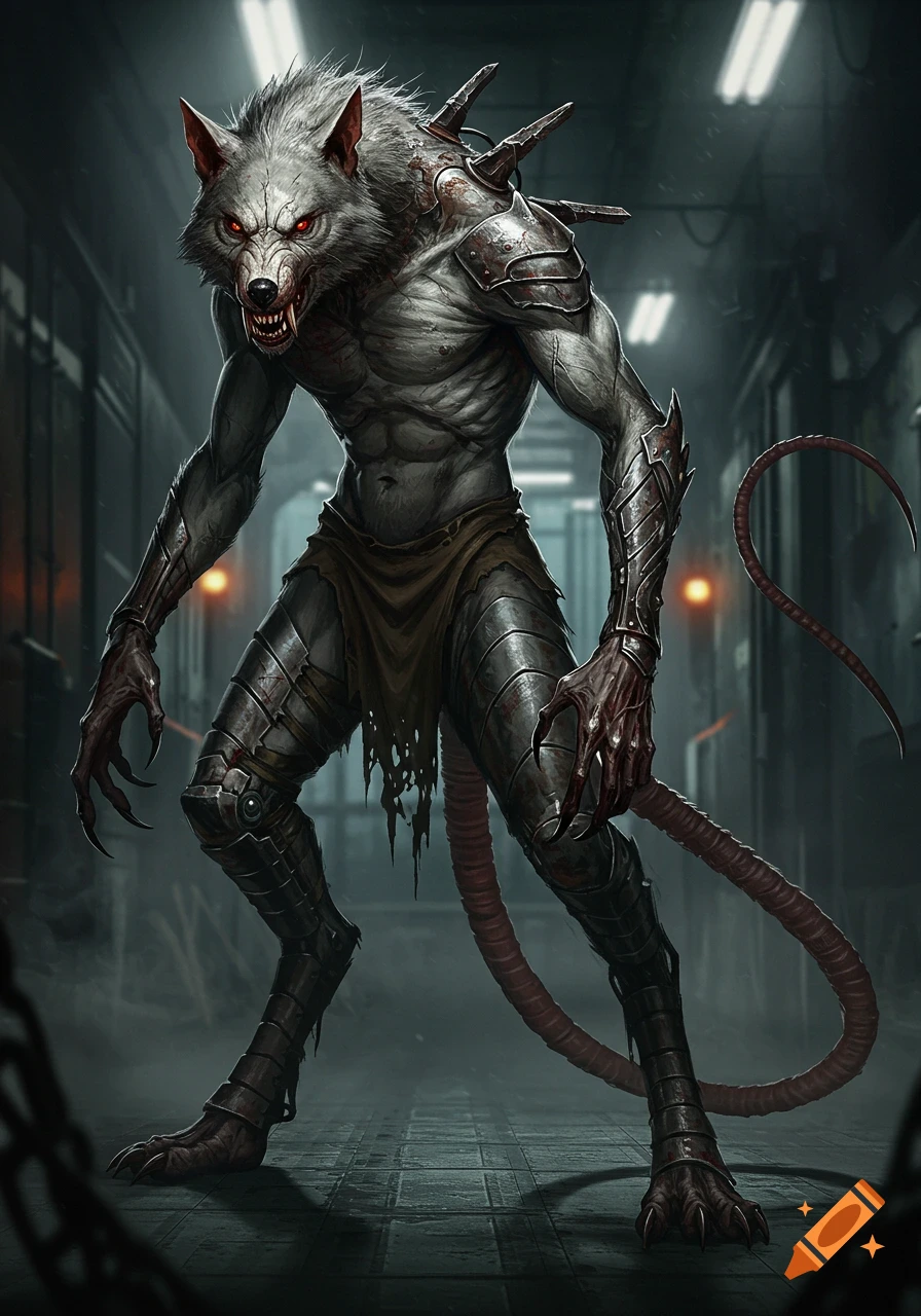 A fierce, muscular humanoid creature with a wolf's head, glowing red eyes, sharp claws, metallic armor, and a long rat-like tail stands in a dark corridor.