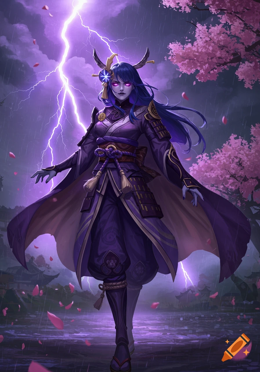 Purple-clad warrior woman with horns and glowing eyes stands in the rain with lightning and cherry blossoms.