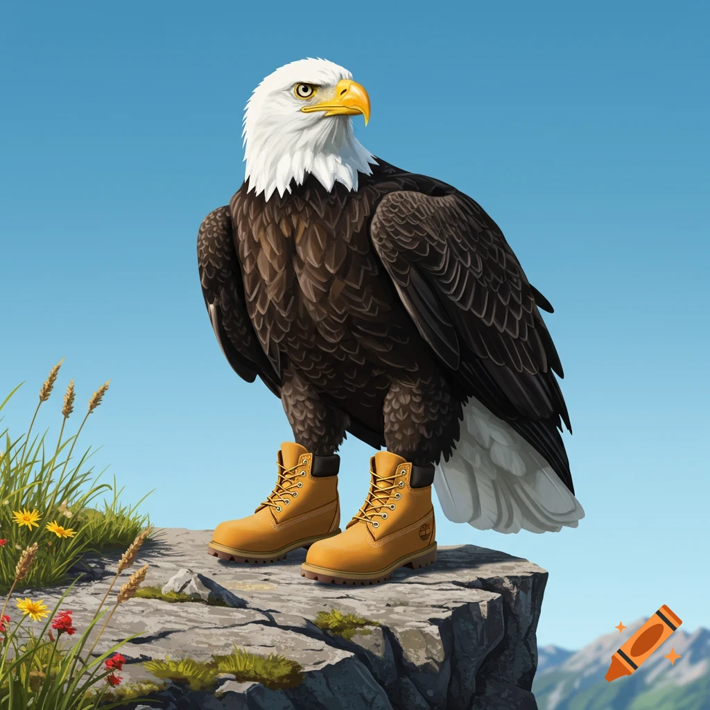 A bald eagle wearing yellow Timberland boots stands on a rocky cliff under a clear blue sky.