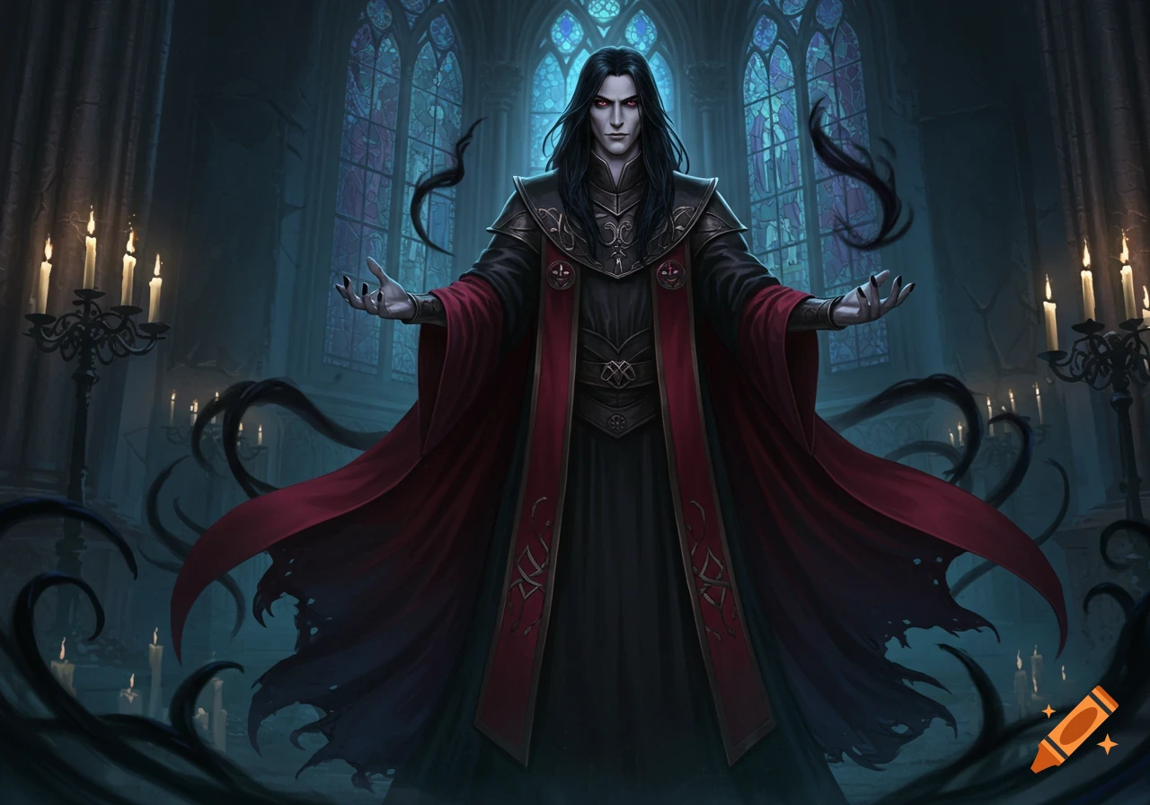 A gothic male figure with long dark hair, red eyes, and black and red robes stands with outstretched arms in a candlelit church.