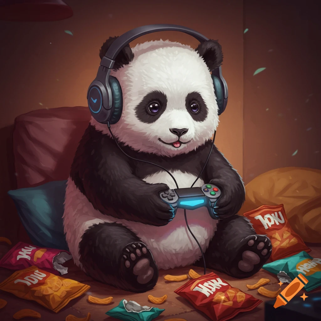 A cute cartoon panda with headphones plays video games on a controller, surrounded by spilled snacks.