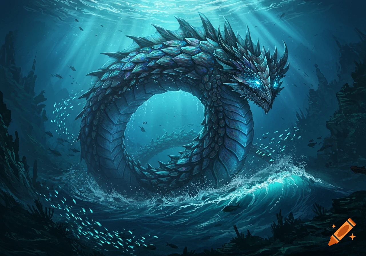 A majestic blue-grey abyssal dragon with glowing eyes, coiled in turbulent ocean waters amidst schools of fish, with sunbeams from above.