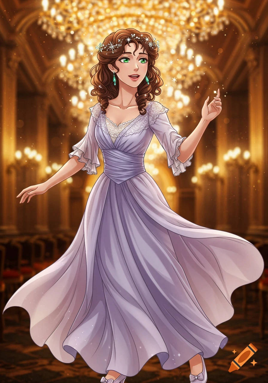 An anime-style illustration of a smiling woman with brown curly hair and green eyes in a lavender ball gown, posing in a grand ballroom under chandeliers.