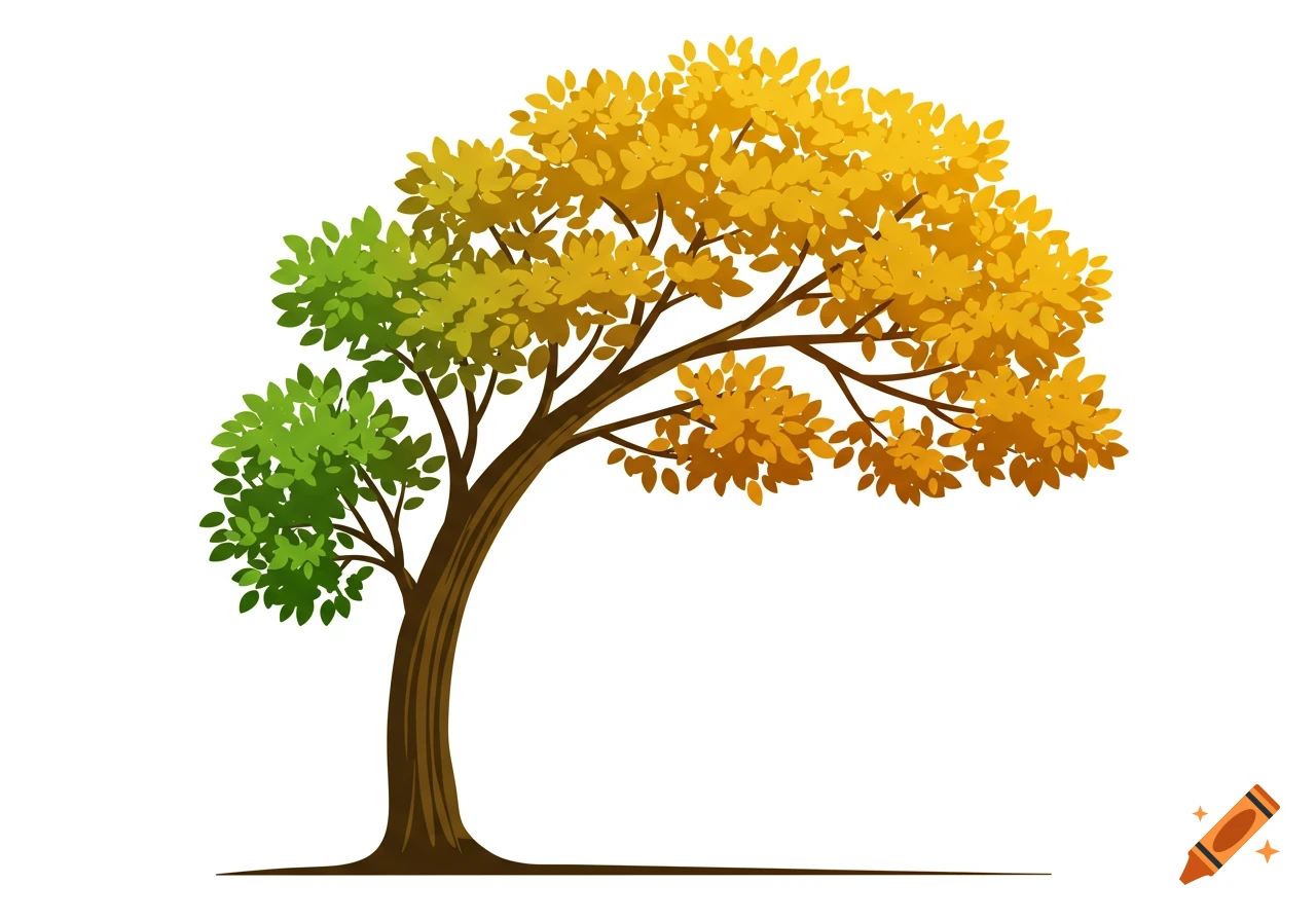 Minimalist illustration of a tree with green and golden-yellow leaves on a white background.