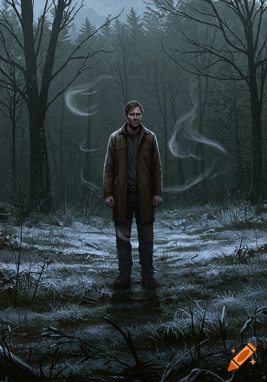 An illustration of a man with a tired expression standing in a dark, snowy, misty forest.