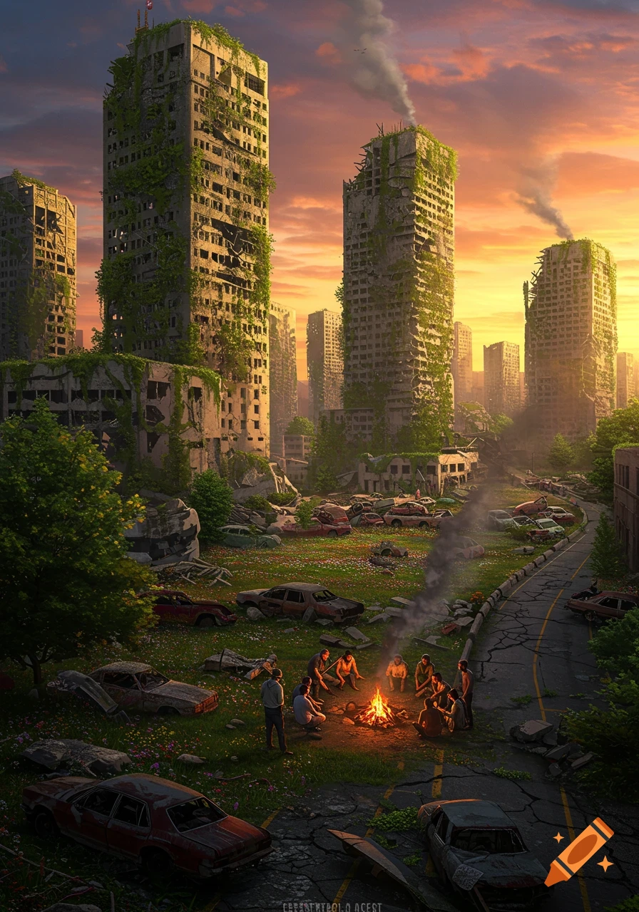 Photorealistic image of a ruined city at sunset, with overgrown skyscrapers, abandoned cars, and a group of people gathered around a campfire.
