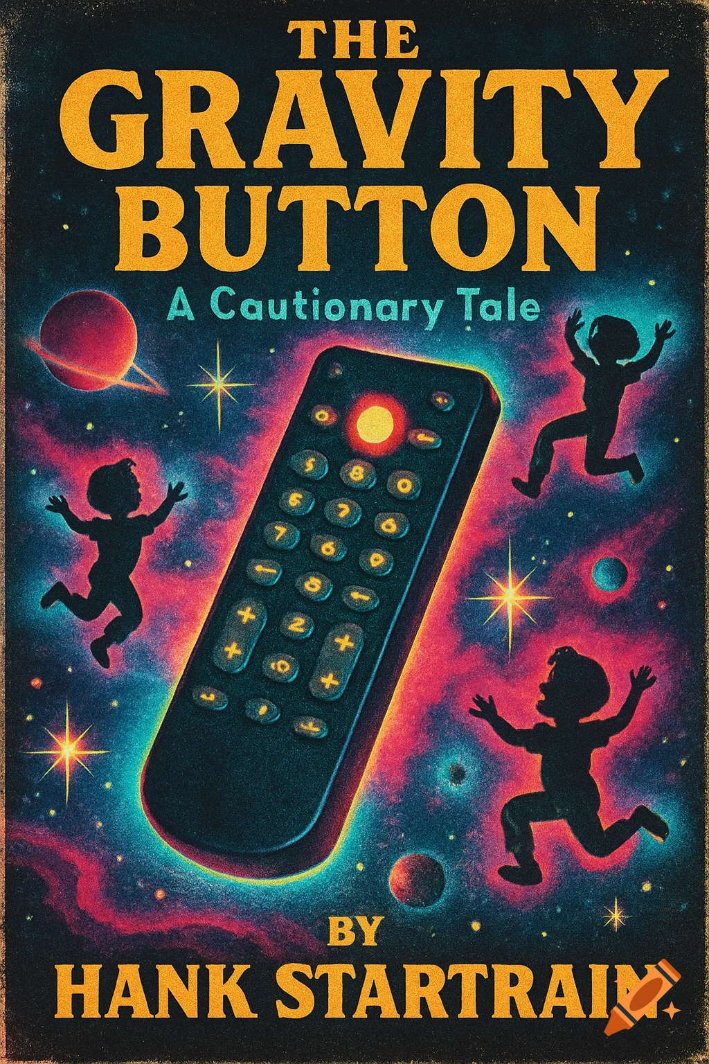 A retro sci-fi book cover for "The Gravity Button" shows an oversized remote control, kids floating in space, and a colorful nebula.