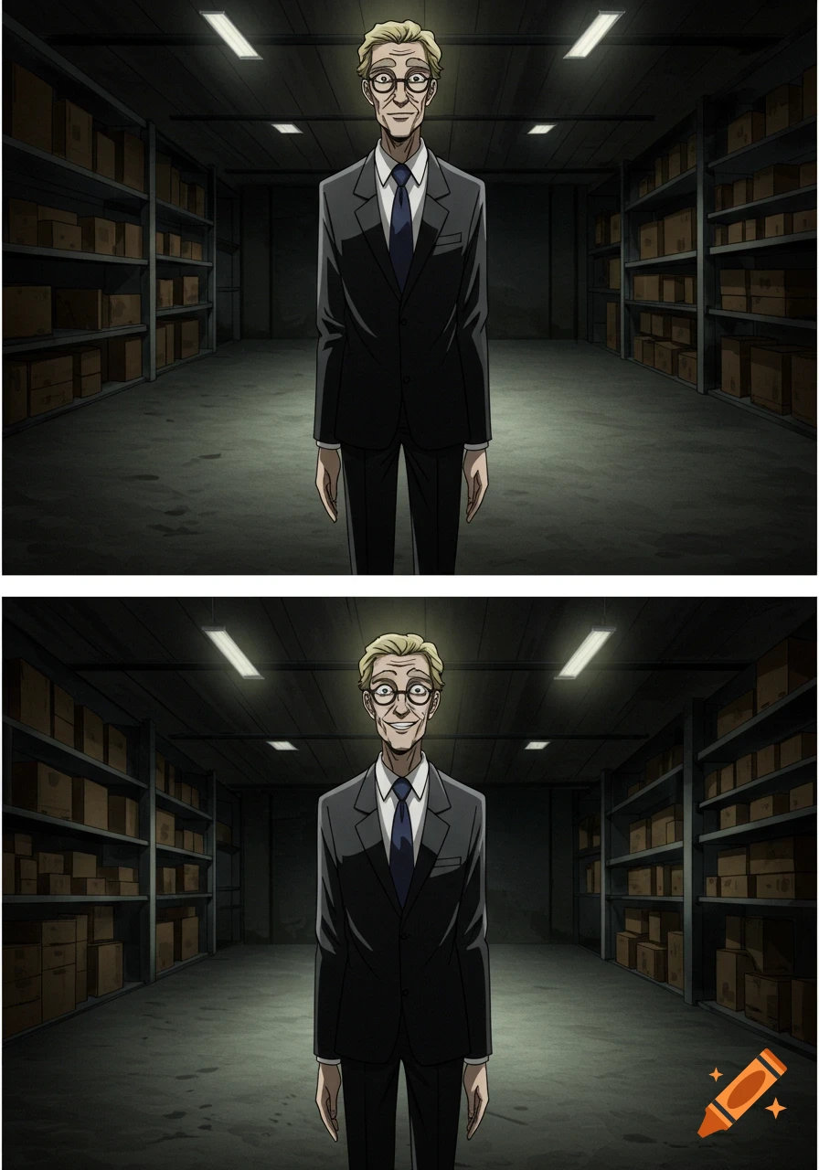 Two anime panels show a skinny blonde businessman in a suit with a poor toupee in a dark warehouse; first fascinated, second with a sickening smile.