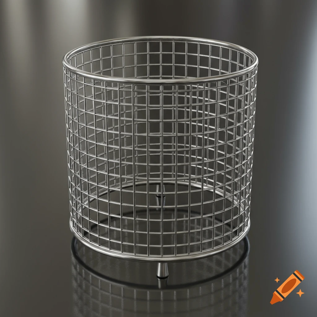 Shiny silver cylindrical wire basket with a grid pattern, standing on three legs on a dark, reflective surface.