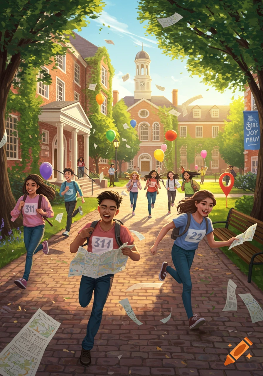 An illustration of students running on a university campus during a treasure hunt, holding maps and wearing numbered shirts.