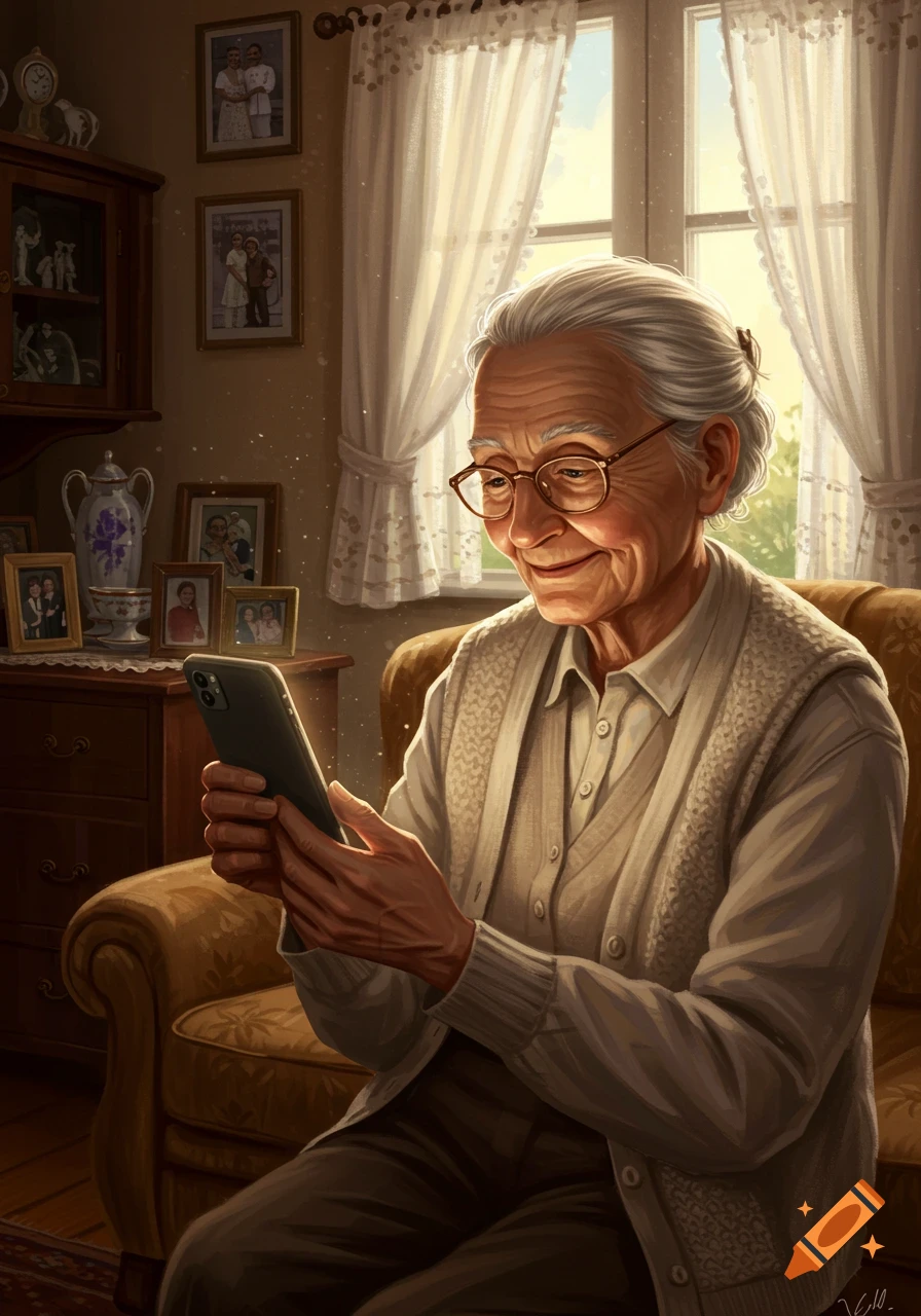 Smiling elderly woman in glasses holding a smartphone in a warm, sunlit room with family photos, digital art.