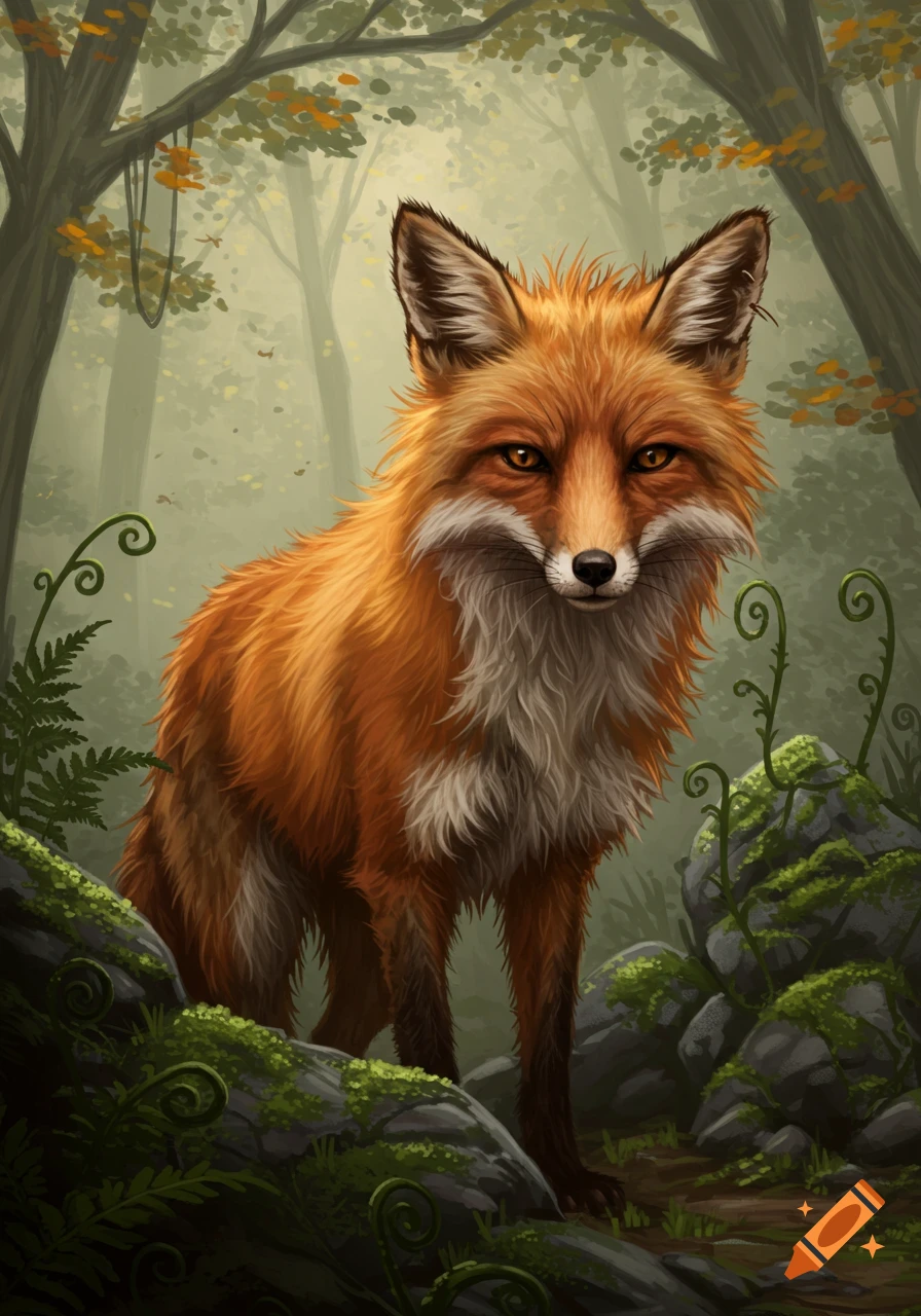 A red fox with white chest fur stands in a misty forest with mossy rocks and ferns, in a digital painting style.