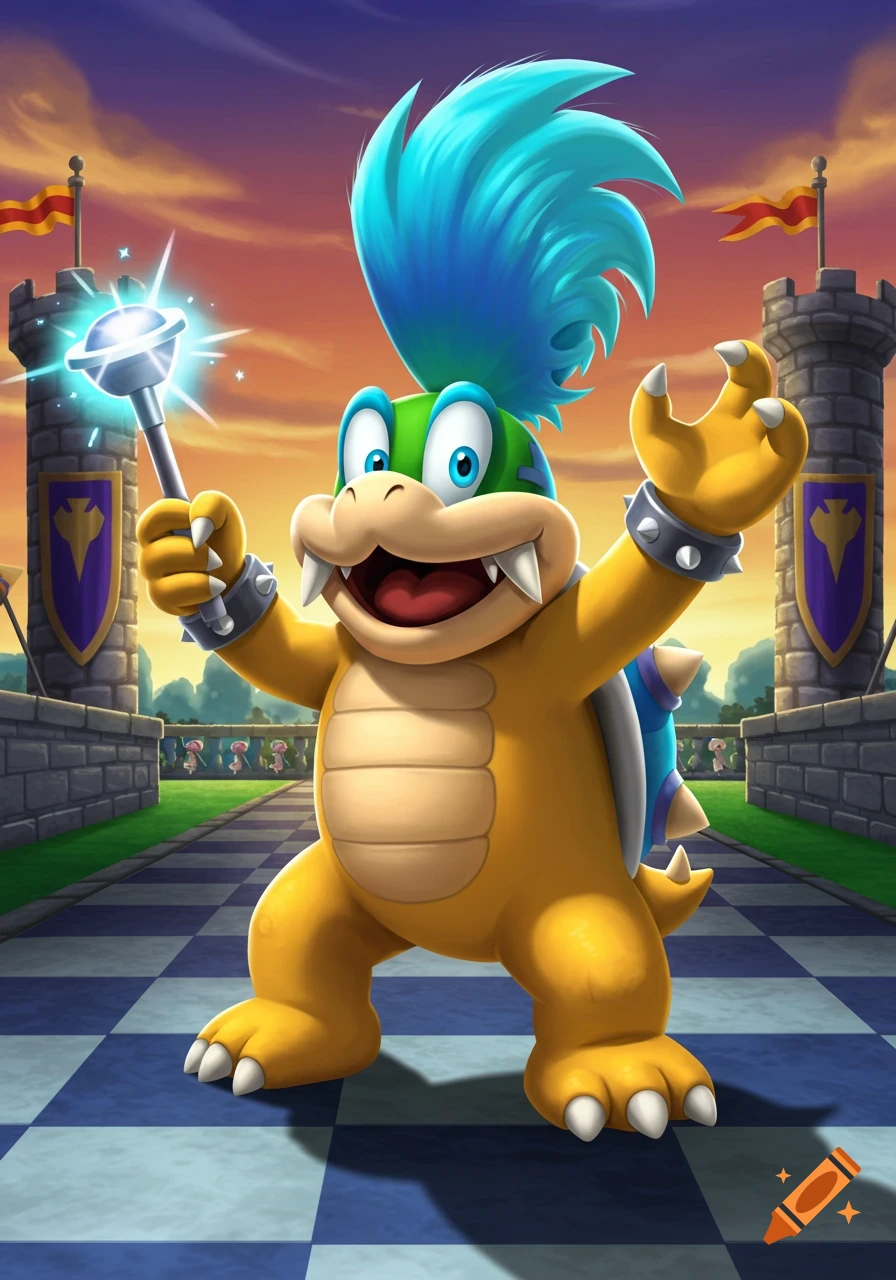 Larry Koopa, a cartoon character, holds a glowing wand on a checkerboard path between castles at sunset.