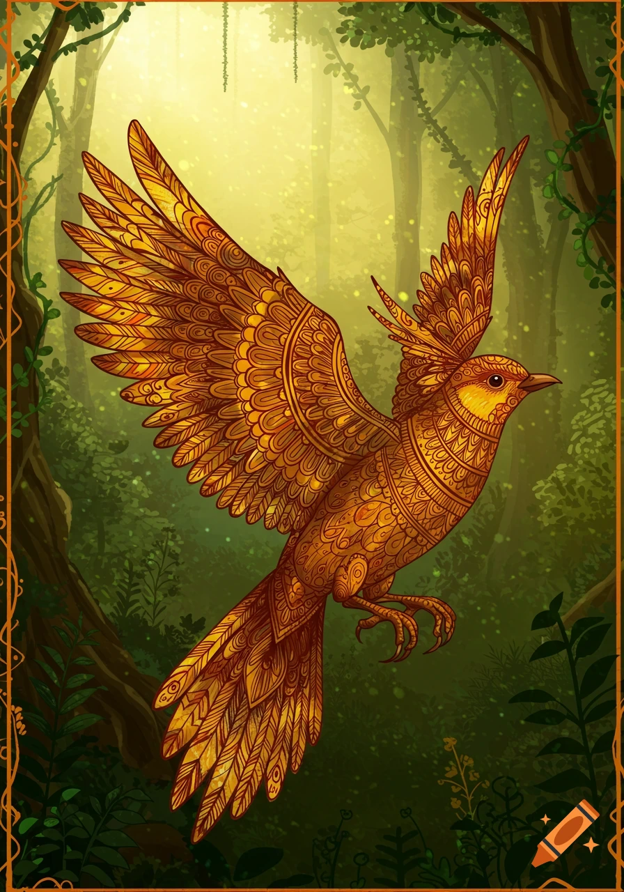 Decorative golden bird with intricate patterns flying in a sunlit green forest, framed by an ornamental border.