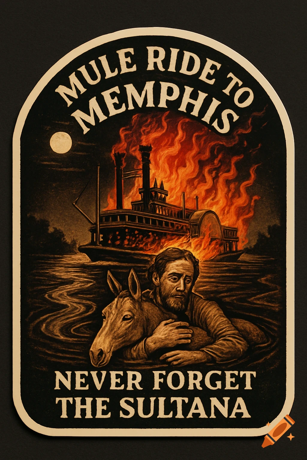 Vintage sticker of a man and mule in a river with a burning steamboat, text "MULE RIDE TO MEMPHIS" and "NEVER FORGET THE SULTANA".
