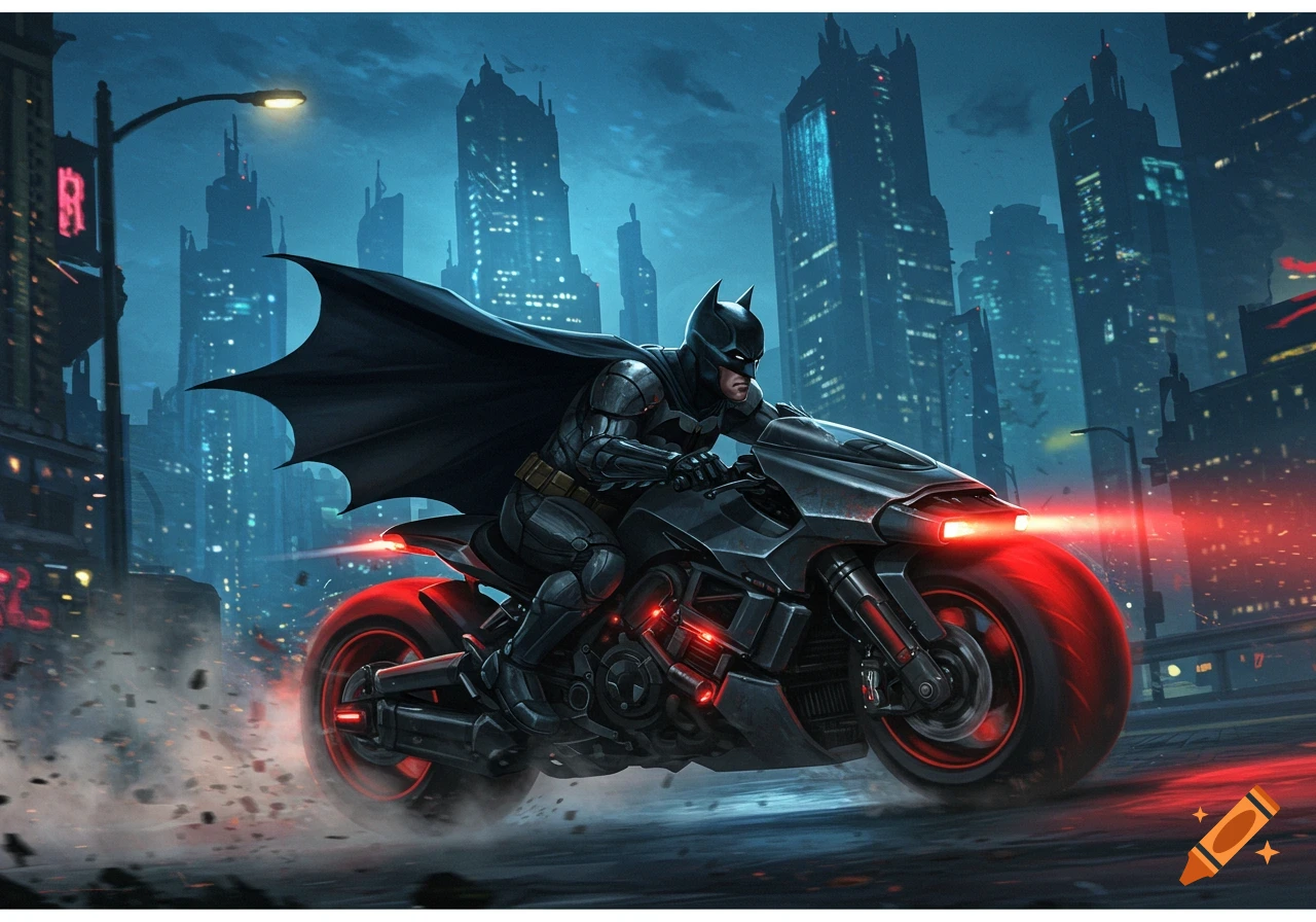 Batman on a futuristic motorcycle speeds through a dark, neon-lit city at night, in a comic book art style.