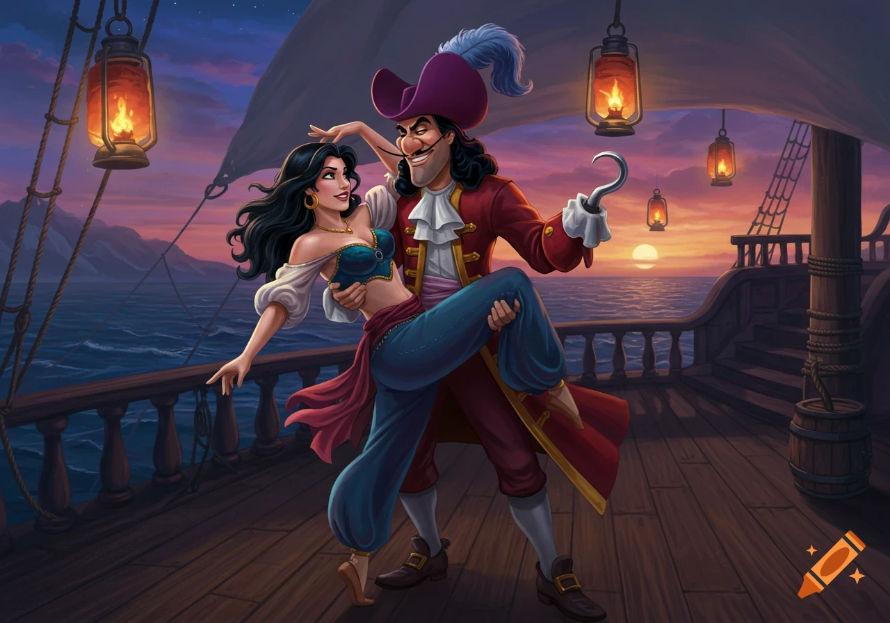 Captain Hook holding a female pirate bellydancer in a dance pose on a ship's deck at sunset, in an animated style.