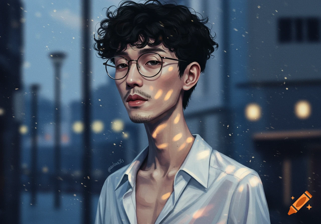 Digital art portrait of a young man with curly hair and glasses in an open white shirt, against a blurred city backdrop.