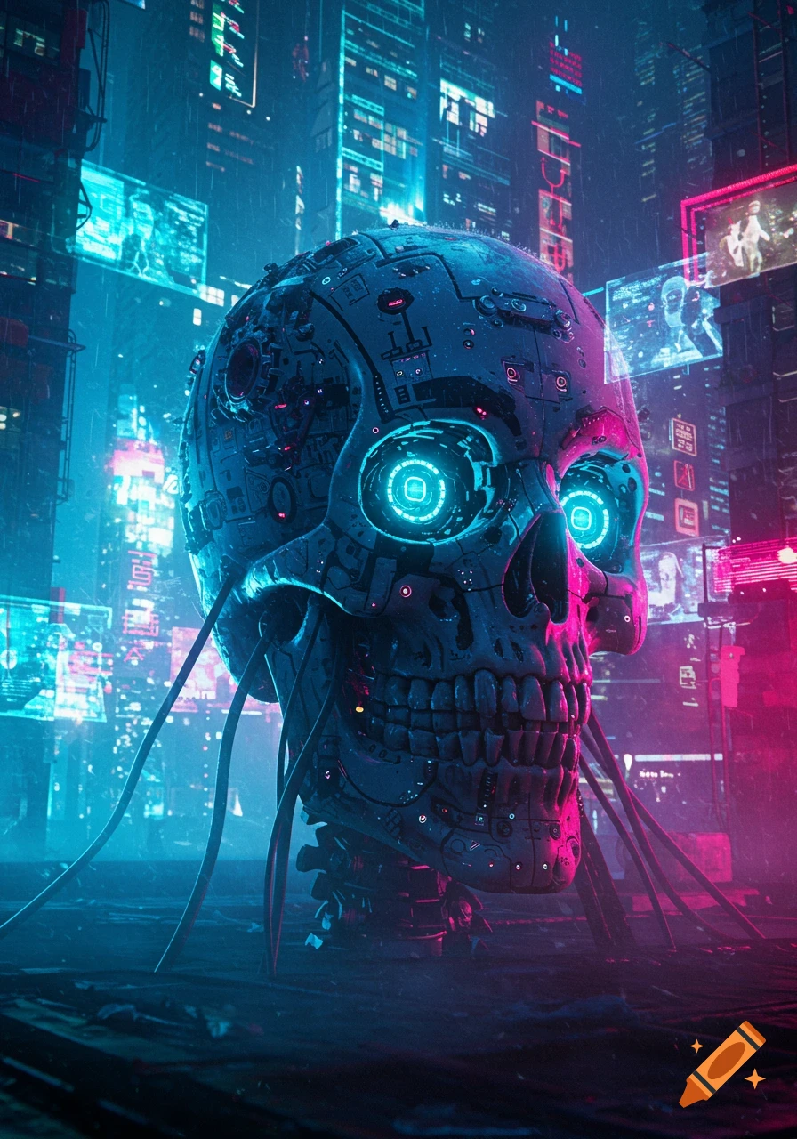 A large, metallic cyborg skull with glowing blue eyes stands in a neon-lit cyberpunk city, bathed in pink and blue light.