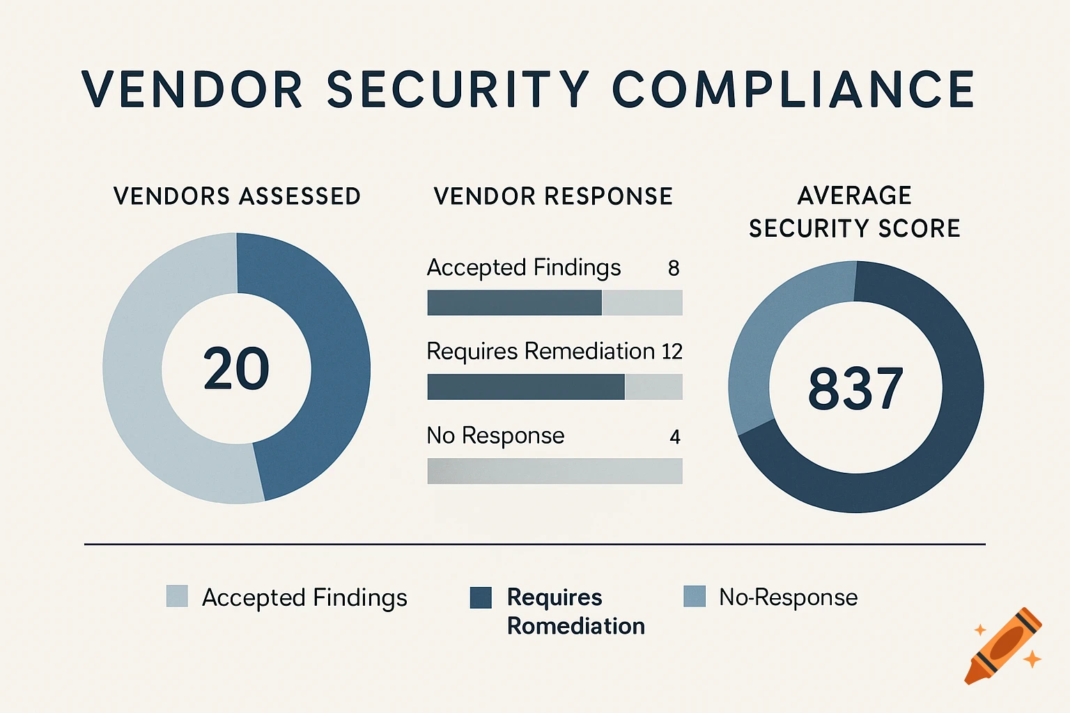 Infographic displaying vendor security compliance metrics: 20 vendors assessed, vendor responses, and an average security score of 837.