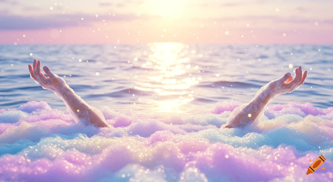 Photorealistic image of hands reaching out of pastel pink, blue, and purple foam in a serene ocean at sunset, with sparkles.