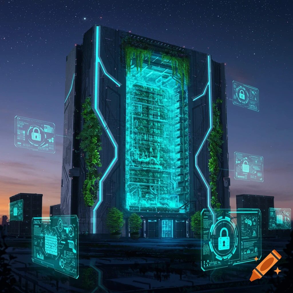 A futuristic data center building with glowing blue lights and plants, surrounded by holographic screens displaying data and lock icons at night.